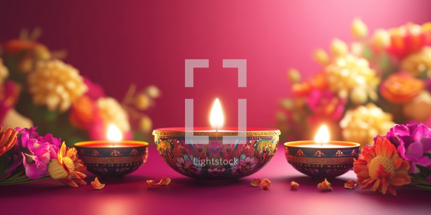 Diwali festival celebration with illuminated Diya oil lamps and flowers on a vibrant background. Concept of tradition, spirituality, and joy.