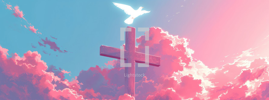 Holy Spirit and Cross of Jesus Christ in the sky with clouds. Illustration