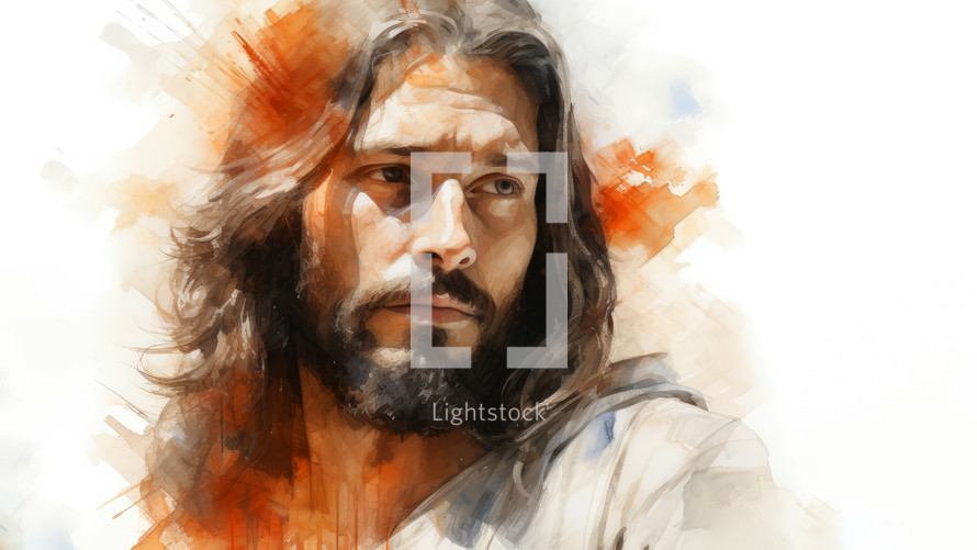 Watercolor portrait of Jesus Christ with copy space