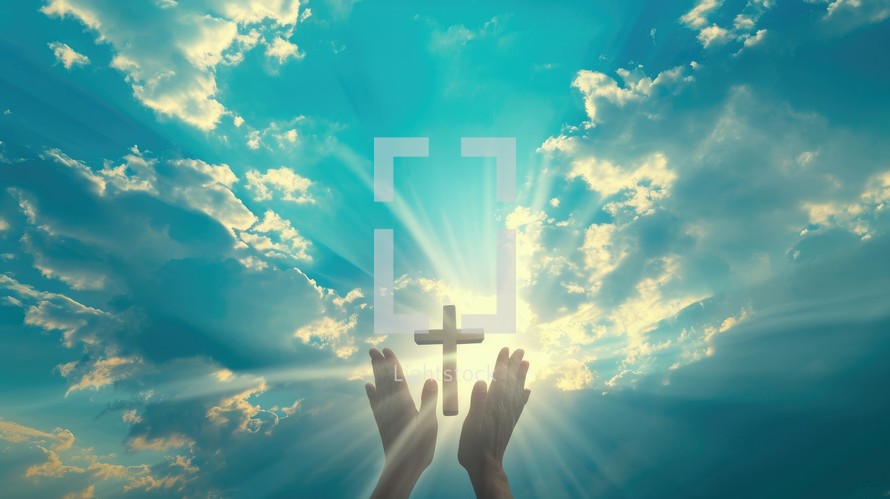 Hands and a cross against blue sky with white clouds and sun