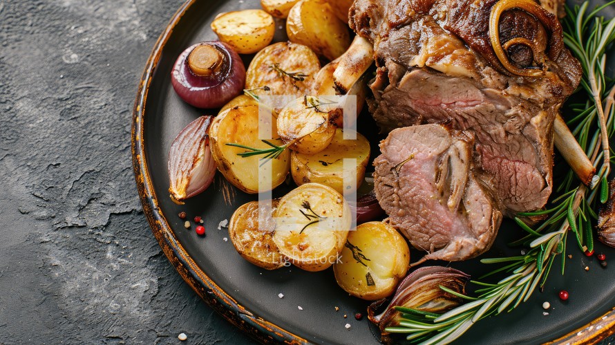 Easter. Roast lamb with potatoes and rosemary on a dark background.