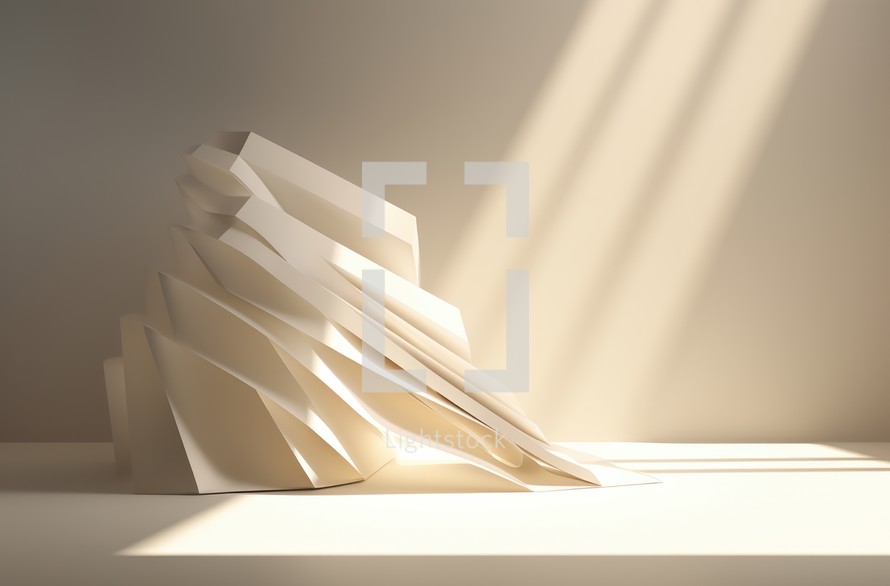 Abstract scene with white geometric shapes and light