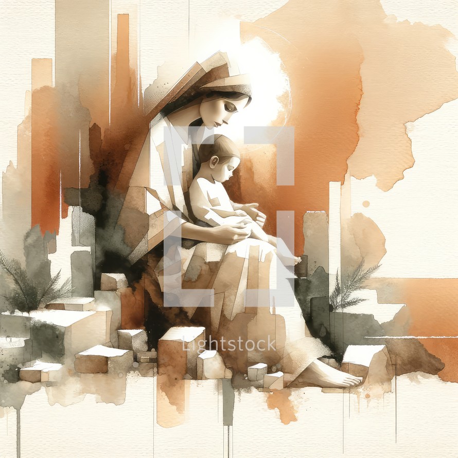 Virgin Mary with baby Jesus. Digital watercolor painting
