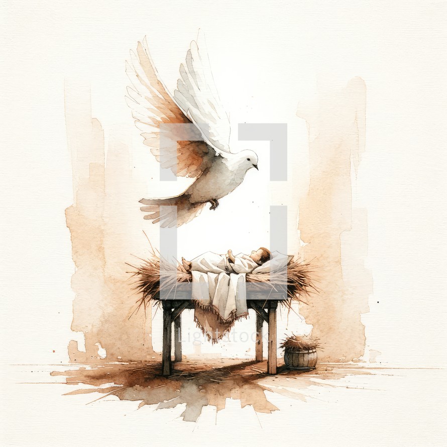 Holy Spirit over the manger with Baby Jesus. Watercolor illustration