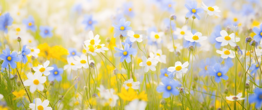 Spring meadow with daisies and forget-me-nots