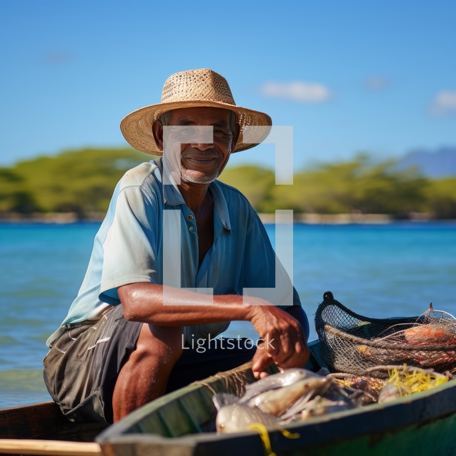 Fisherman on his boat in the lagoon of the seychelles