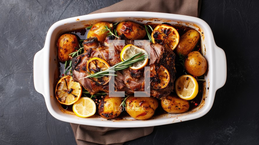 Easter. Roasted Lamb with potatoes and rosemary in baking dish on dark background, top view
