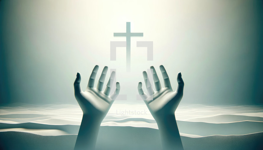 Hands and the cross on the sky background.