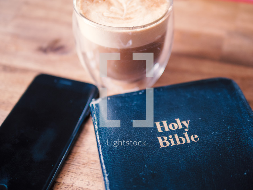 coffee and Bible with cellphone 