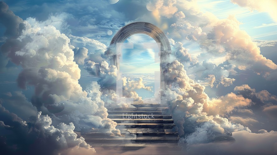 Gates of Heaven. Conceptual image of stairs leading to heaven with clouds and arch.Gates of Heaven
