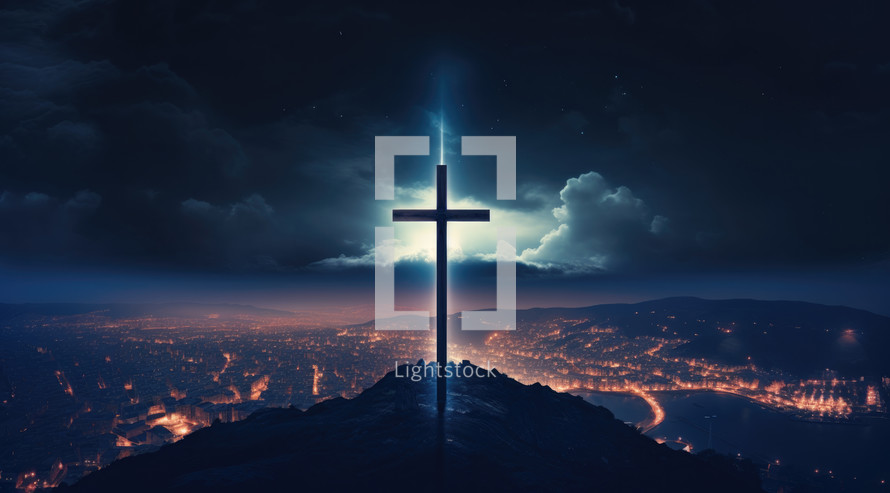 Cross on top of a mountain with a view of the night city