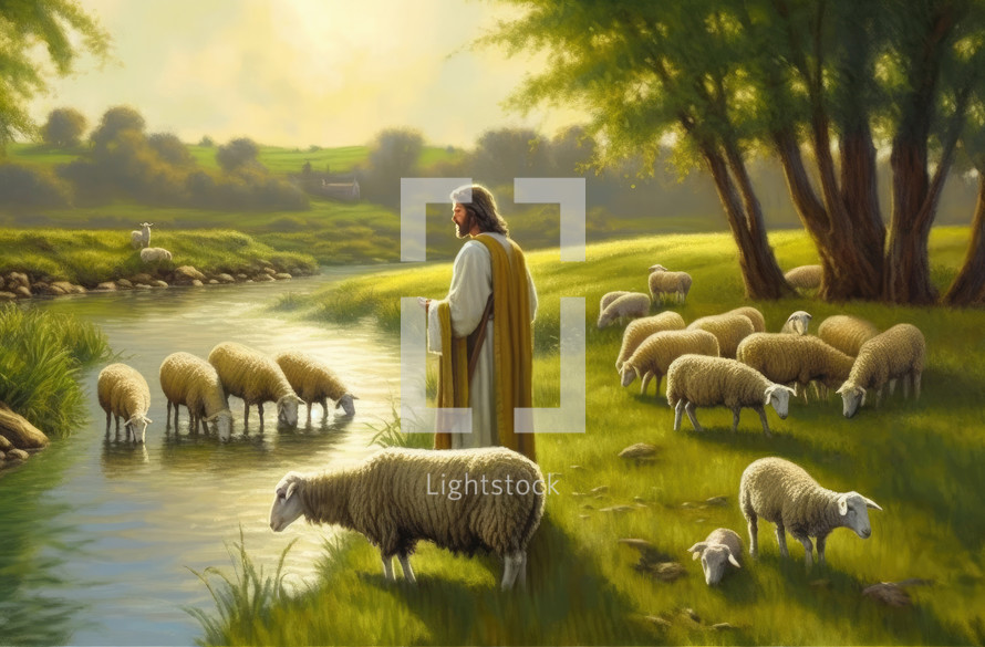 Jesus as Shepherd with His Sheep in Green Pastures Art Painting