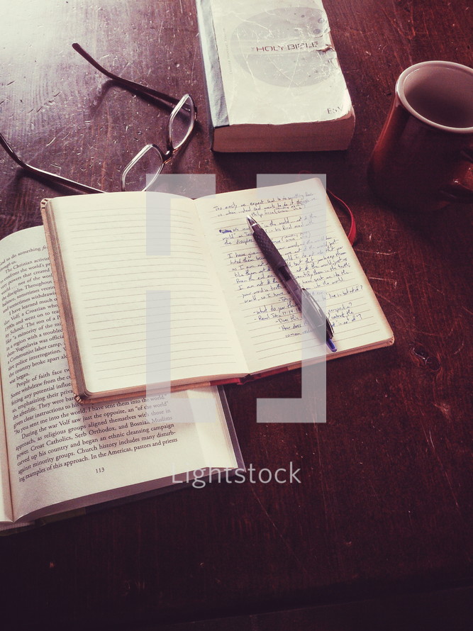 book, Bible, pen, journal, Bible study, reading glasses, mug, table