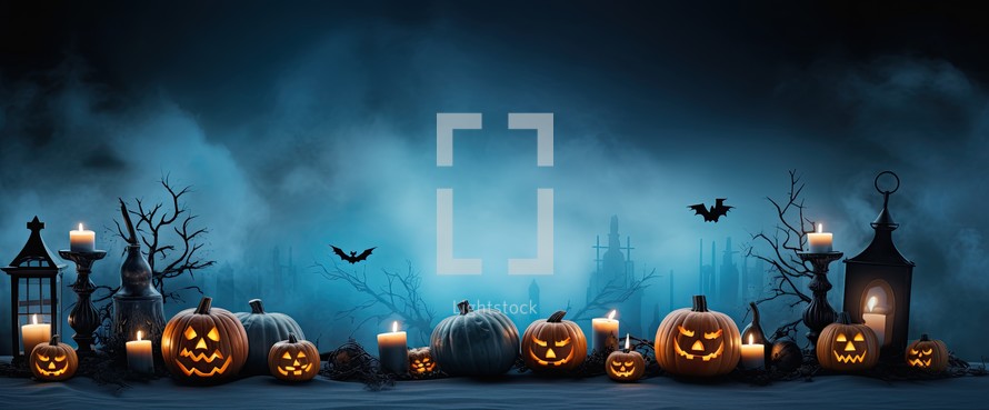 Halloween background with pumpkins, lanterns, bats and cemetery