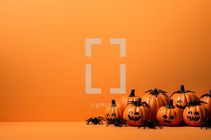 Halloween pumpkins with spiders on orange background, 3d render