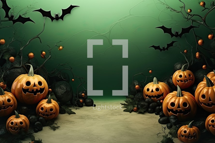 Halloween background with pumpkins, bats and cobwebs 3d render
