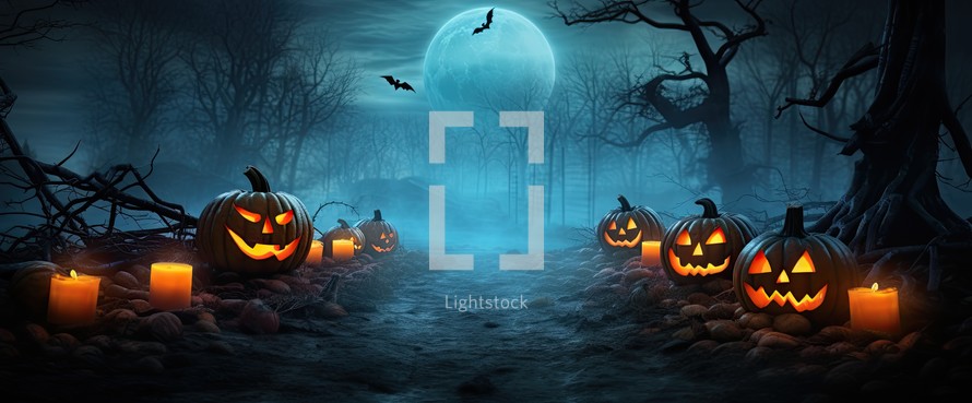 Halloween background with pumpkins, bats and moon, 3d render