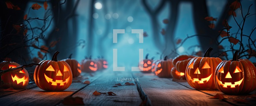 Halloween pumpkins in the forest at night. 3D rendering