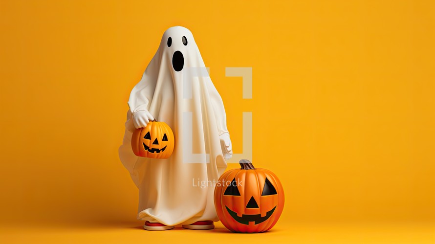 Halloween ghost and pumpkin on orange background. 3d rendering.