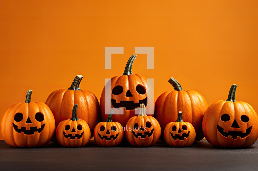 Halloween pumpkins with scary faces on orange background. Halloween concept