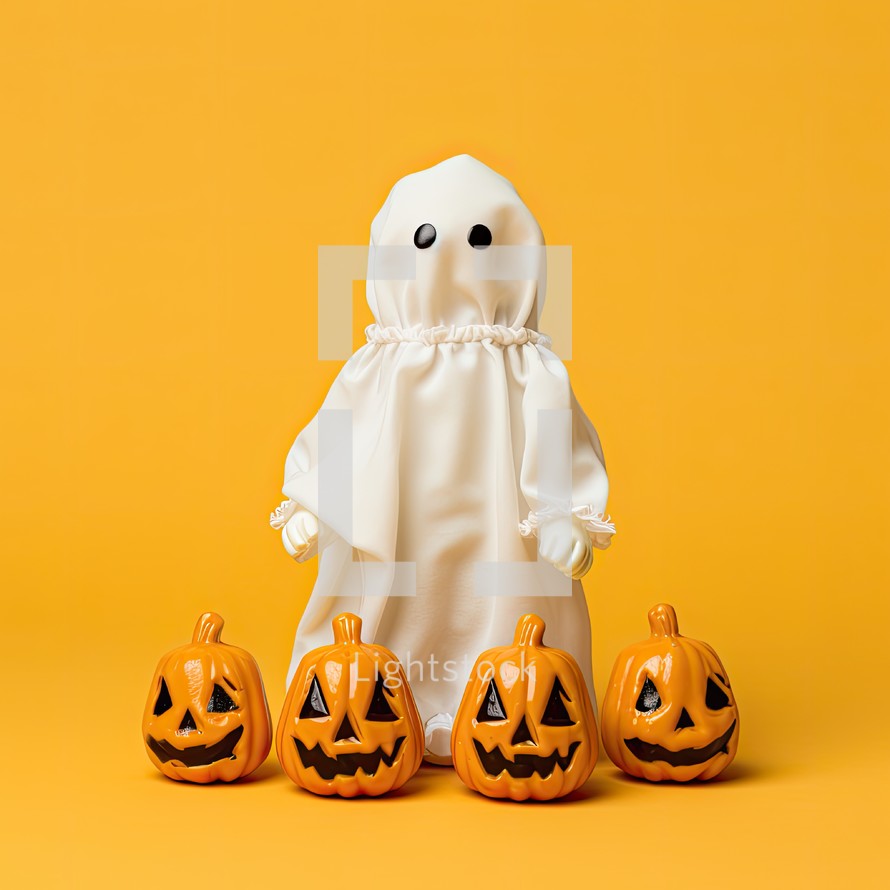 Halloween ghost with pumpkins on yellow background. Minimal holiday concept.
