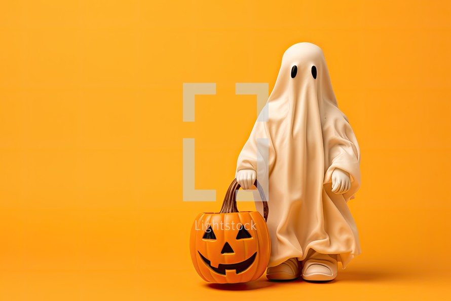 Halloween ghost and pumpkin on orange background. 3d illustration.