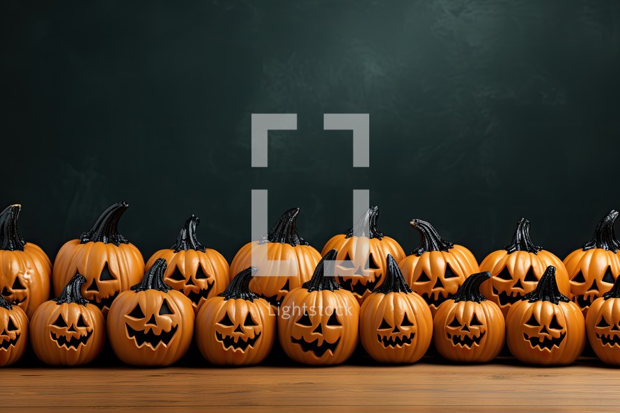 Halloween pumpkins on blackboard background with copy space. 3D Rendering