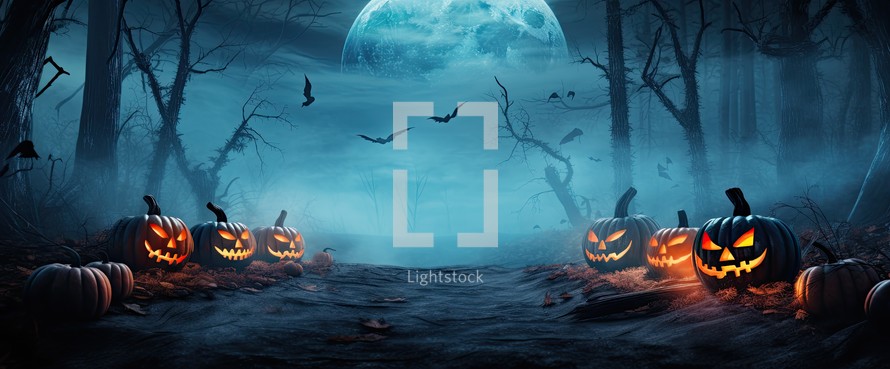 Halloween background with pumpkins, bats and moon. 3d rendering