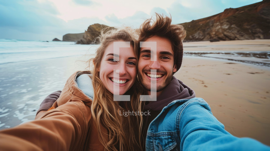 Couple taking selfie on the beach.