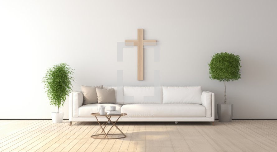 Living room with christian cross, white sofa, coffee table and plants. Christian home interior