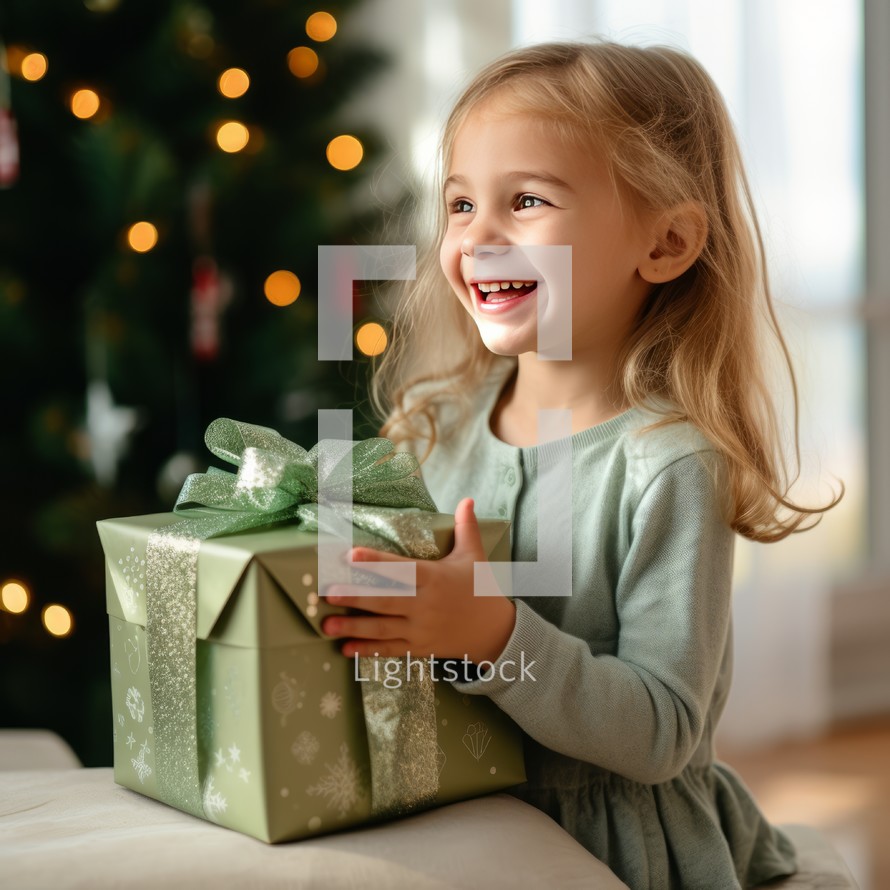 Happy little girl with gift box at home on Christmas tree background
