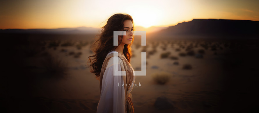 Beautiful woman, in peace, in a desert at sunset