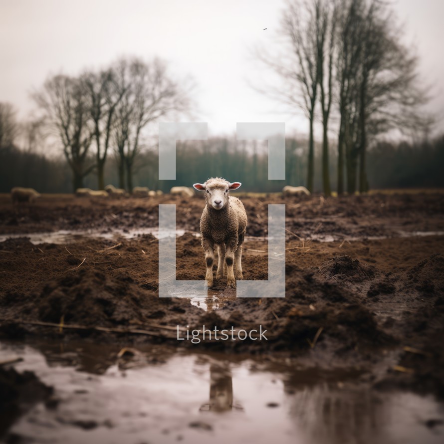 Lamb of God. Little lamb standing in the mud at the edge of the forest.