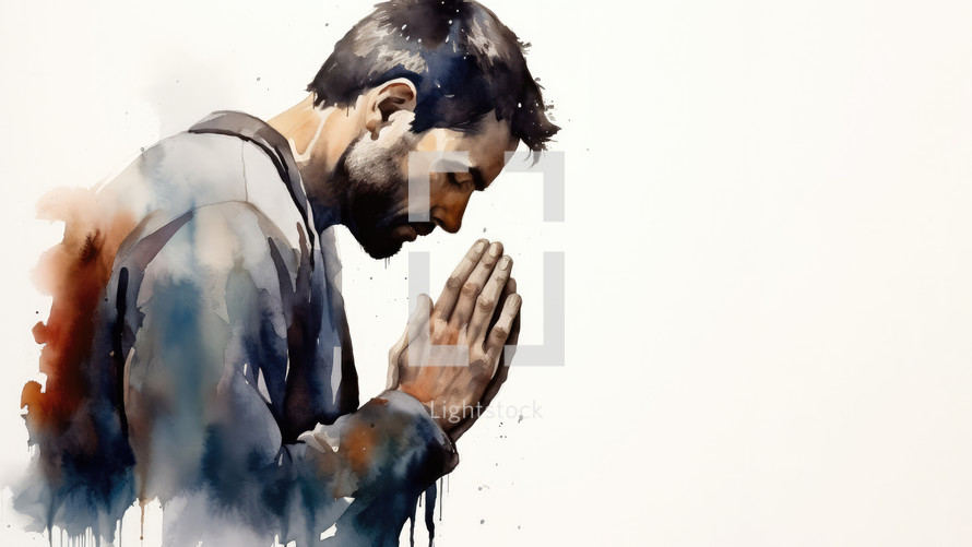 Watercolor artwork of a man praying with copy space