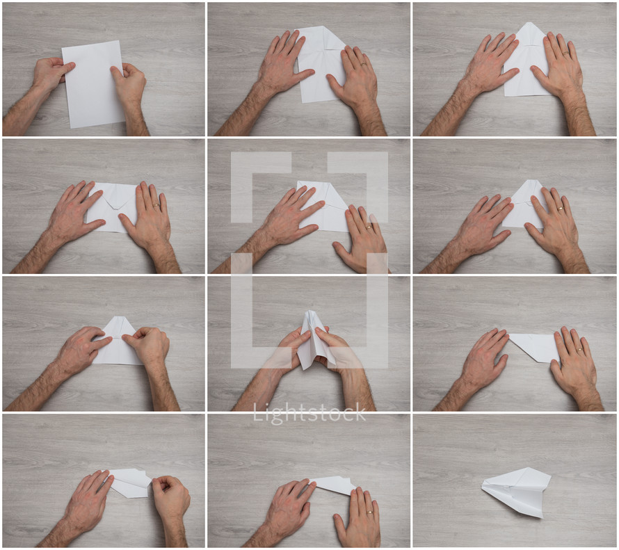 How to make origami paper airplane step by step photo instruction on wooden table with arms.