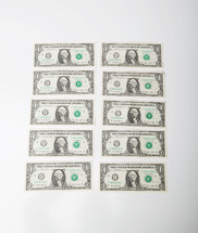 Series of ten one dollar bills.
