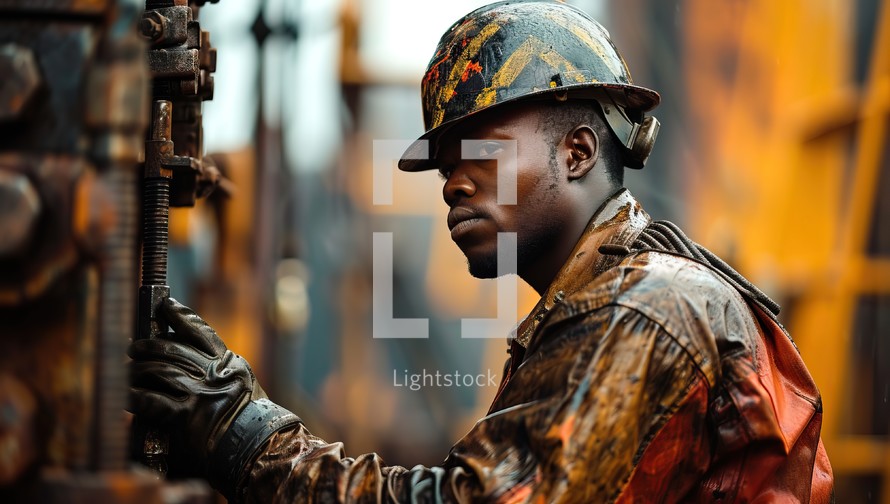 Portrait of African American worker in helmet and uniform standing in oil refinery