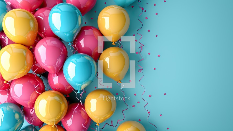 Colorful balloons on blue background with copy space. Birthday or party concept.
