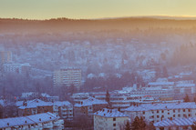 aerial view over a town in winter 