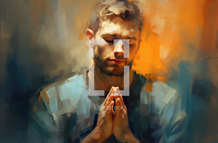 Portrait of a young man praying in front of an abstract background