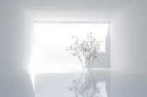 Interior of modern bright room with white walls and floor. Heavenly spaces