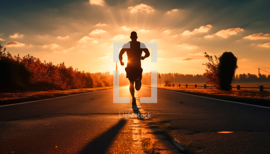 Athlete running on asphalt road at sunrise. 