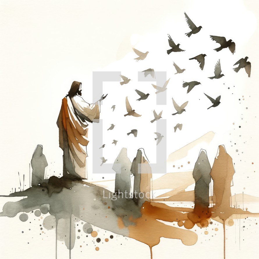 Look at the birds. Watercolor illustration of Jesus and silhouette of people with a flock of birds in the sky