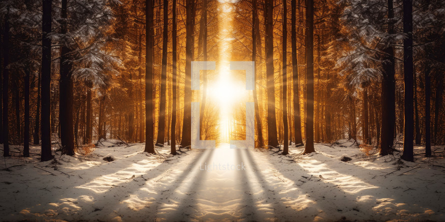 Sunset in the winter forest with cross-shaped sun rays passing through the trees