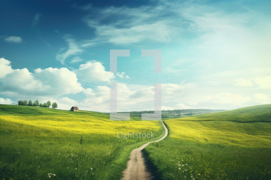Beautiful spring landscape with green meadow, road and blue sky