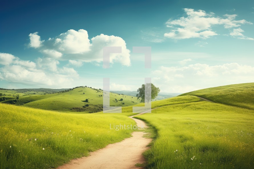 Beautiful summer landscape. Green meadow and blue sky with clouds