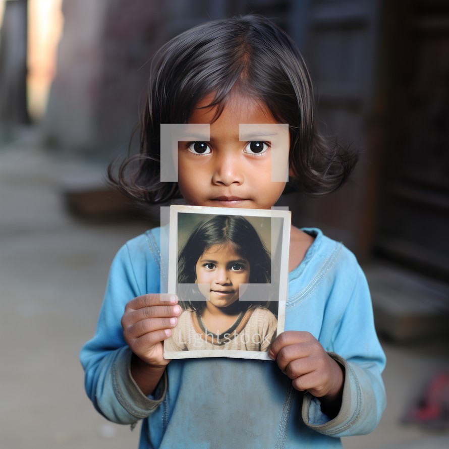 Sad Indian girl on the street in a dirty shirt holds a of a girl and looks into the camera with hope, possibly searching for her lost sister