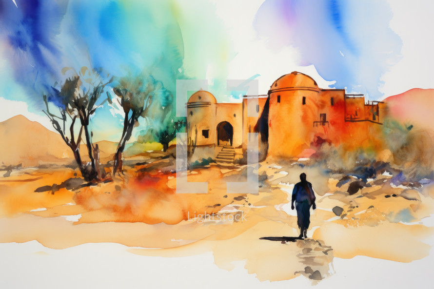 Parable of the Prodigal Son. A man walks in the middle of the desert. Watercolor painting.