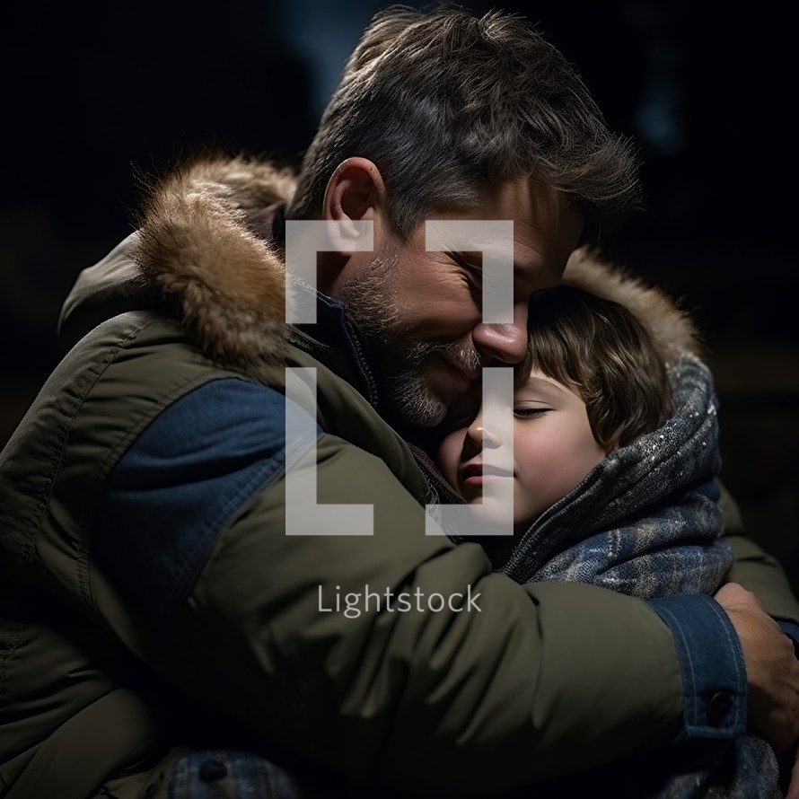 Father hugging his 6-7 year old son in a warm jacket. The boy cuddles up to him while the father smiles, showcasing their loving bond
