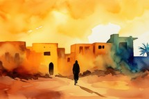 Parable of the Prodigal Son. Digital watercolor painting of a man walking in the desert